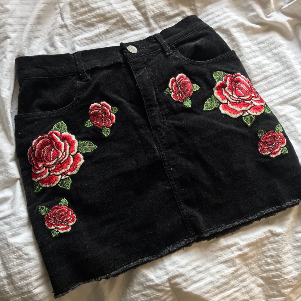 Forever21 Suede Black Embroidered Rose Denim Skirt